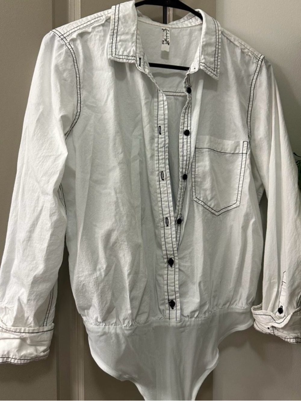 Free People White Long-Sleeve Button Bodysuit with Black Contrast Stitching